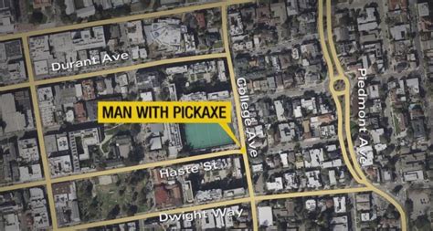 Man brandishes pickaxe at several students at UC Berkeley